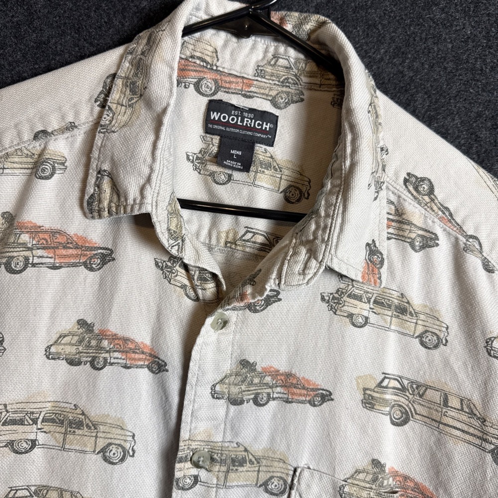Woolrich Birch Vintage Cars Beige 100% Cotton Button-Up SS Pocket Shirt Mens L